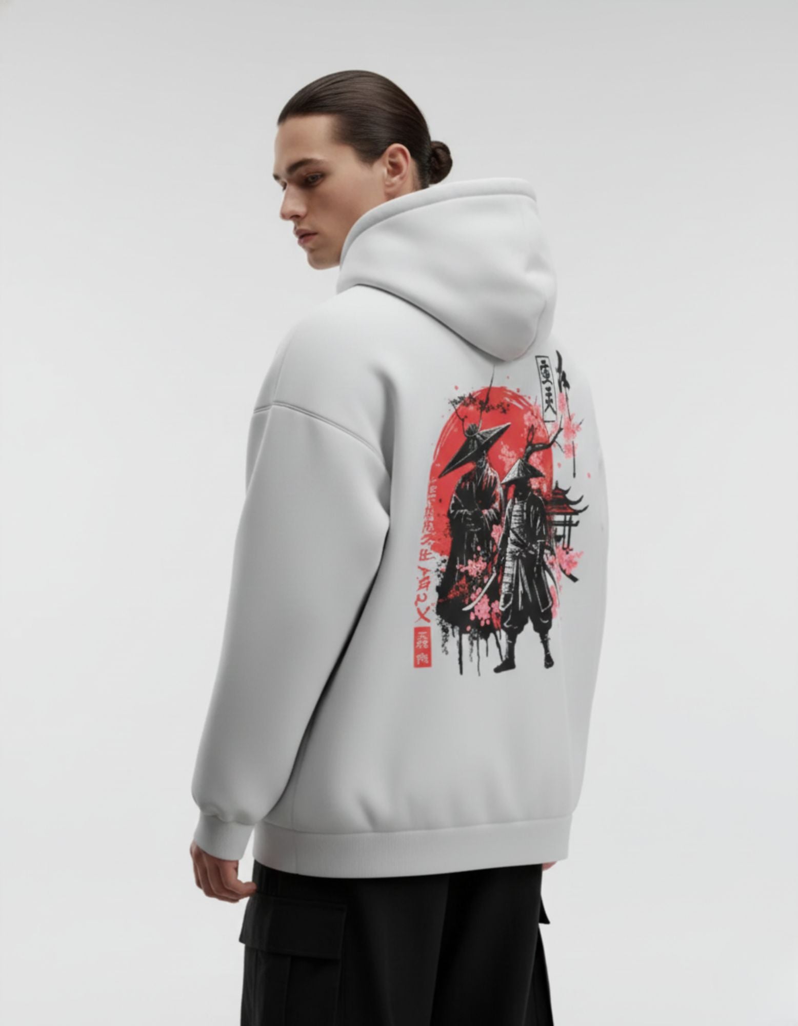 Detailed back view of light grey oversized hoodie featuring samurai graphic design
