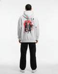 Back full view of light grey oversized hoodie with samurai anime graphic print
