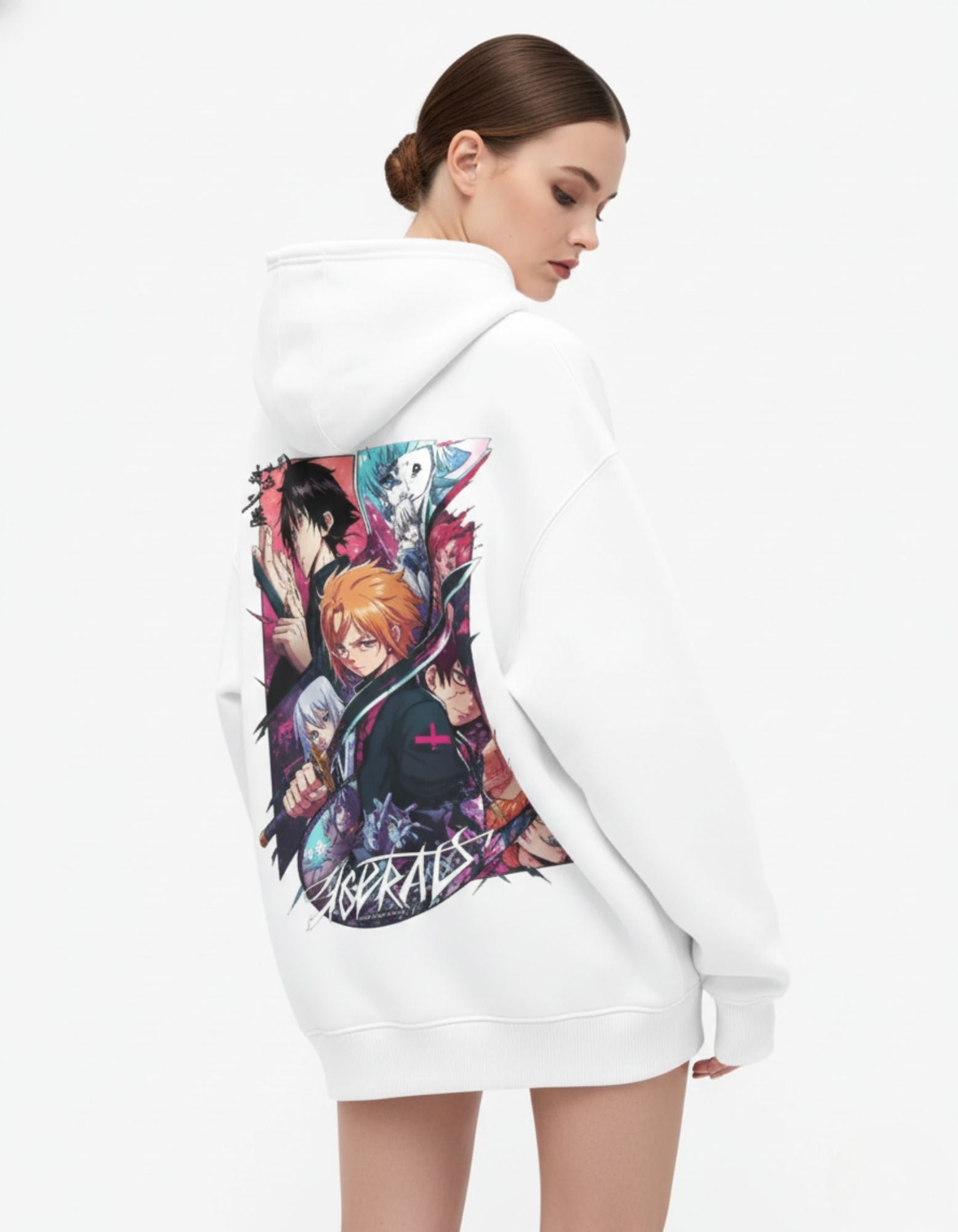 Back angled view of white oversized hoodie featuring anime graphic print