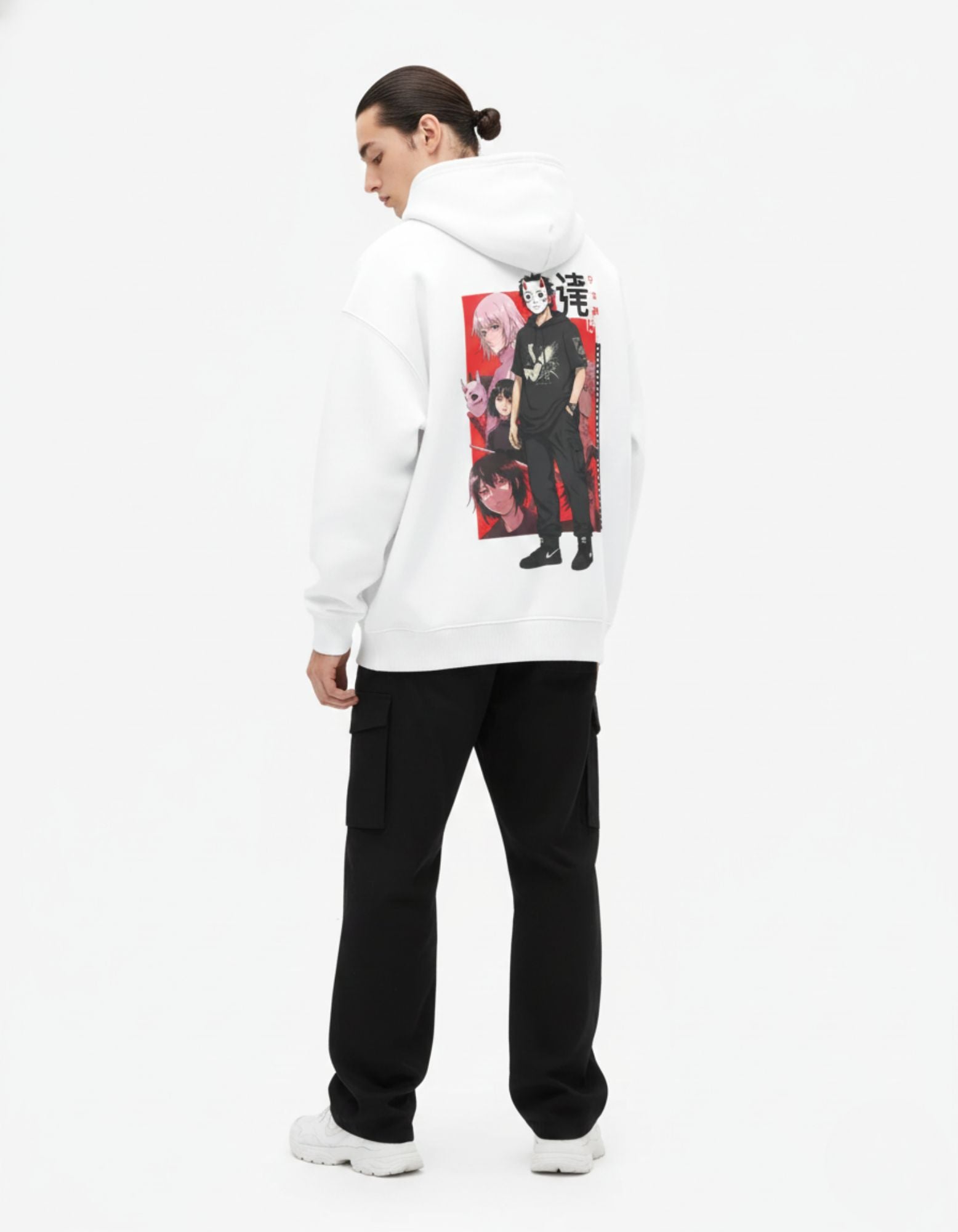 Full back view of white oversized hoodie with anime graphic design
