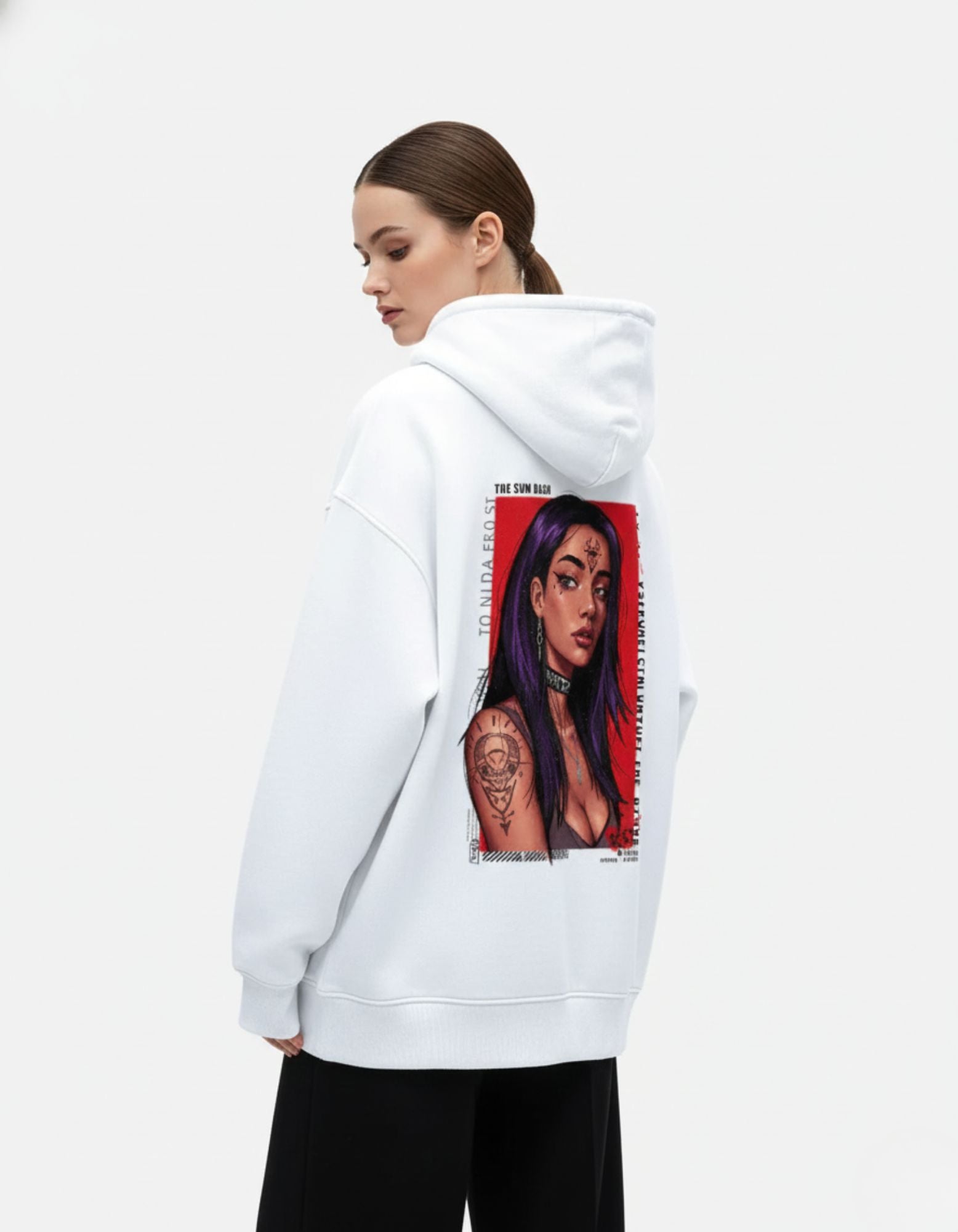 Angled back view of white oversized hoodie showing portrait graphic design
