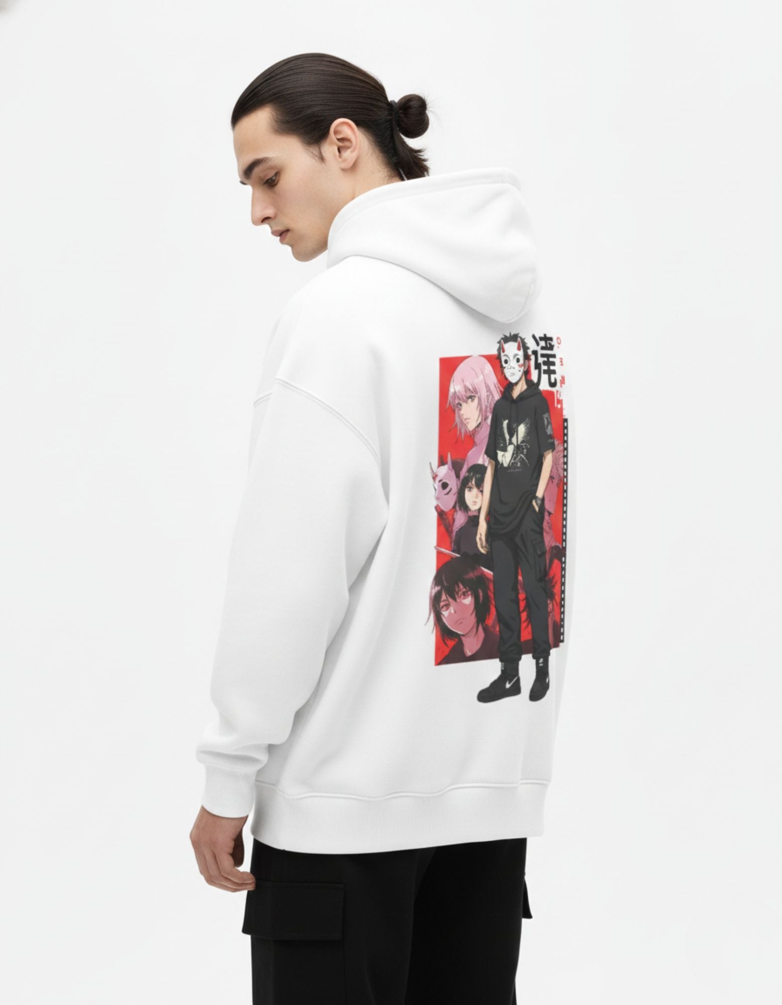Back angled view of white oversized hoodie featuring anime graphic print