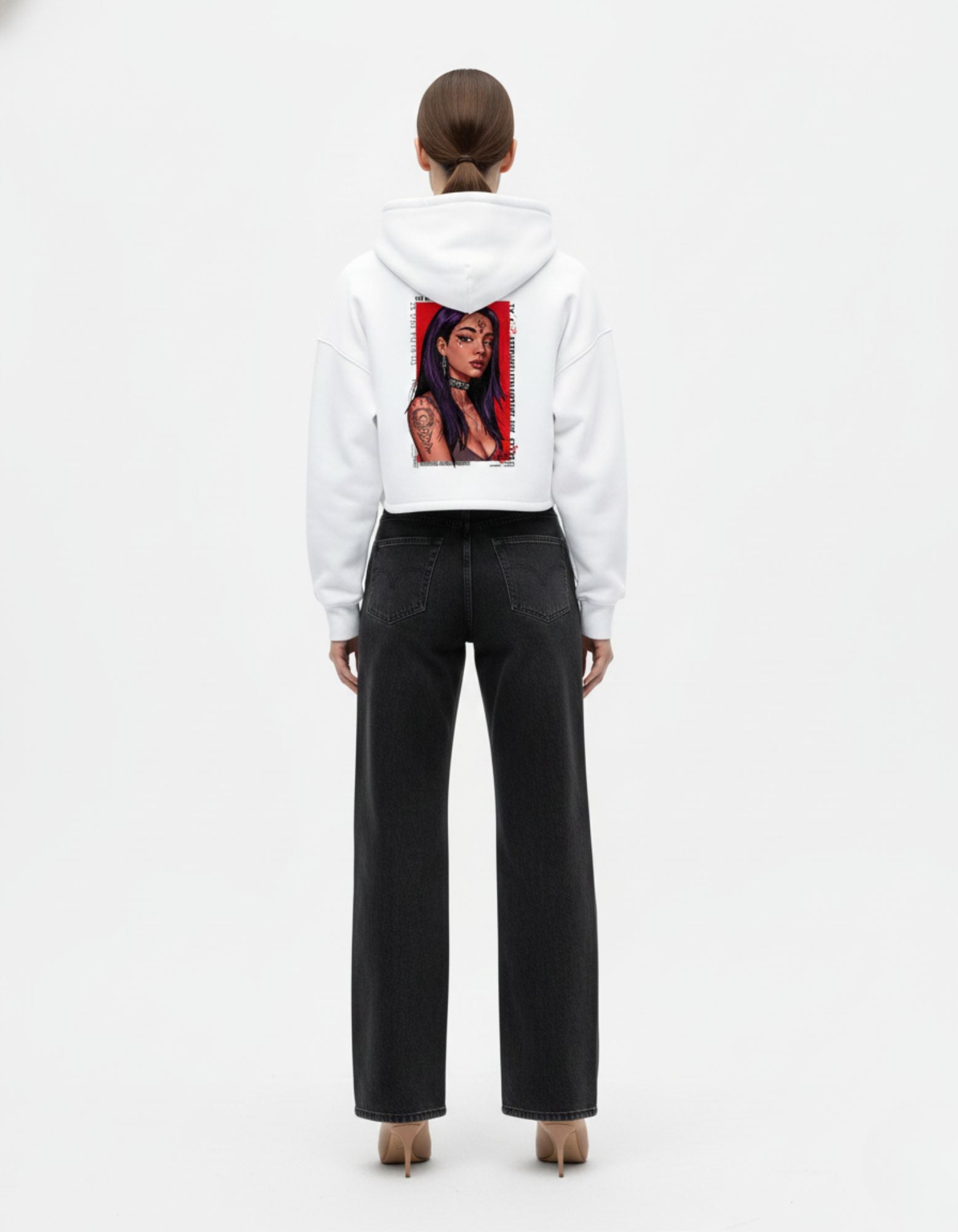Back full view of white oversized hoodie with portrait graphic print
