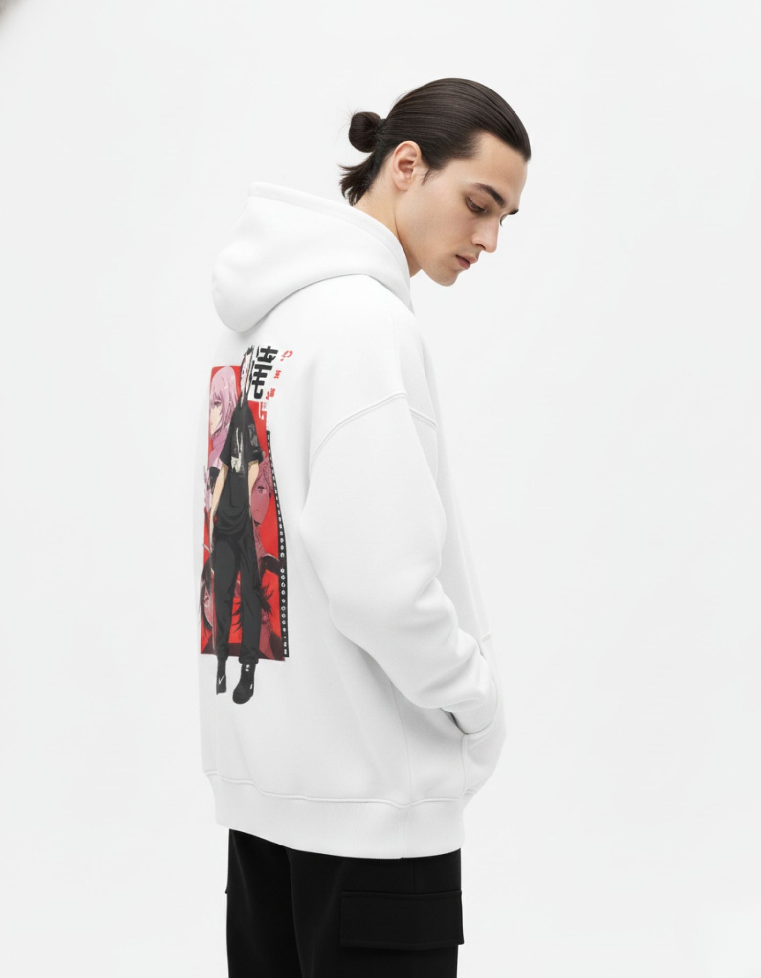 Back side view of white oversized hoodie highlighting anime back print
