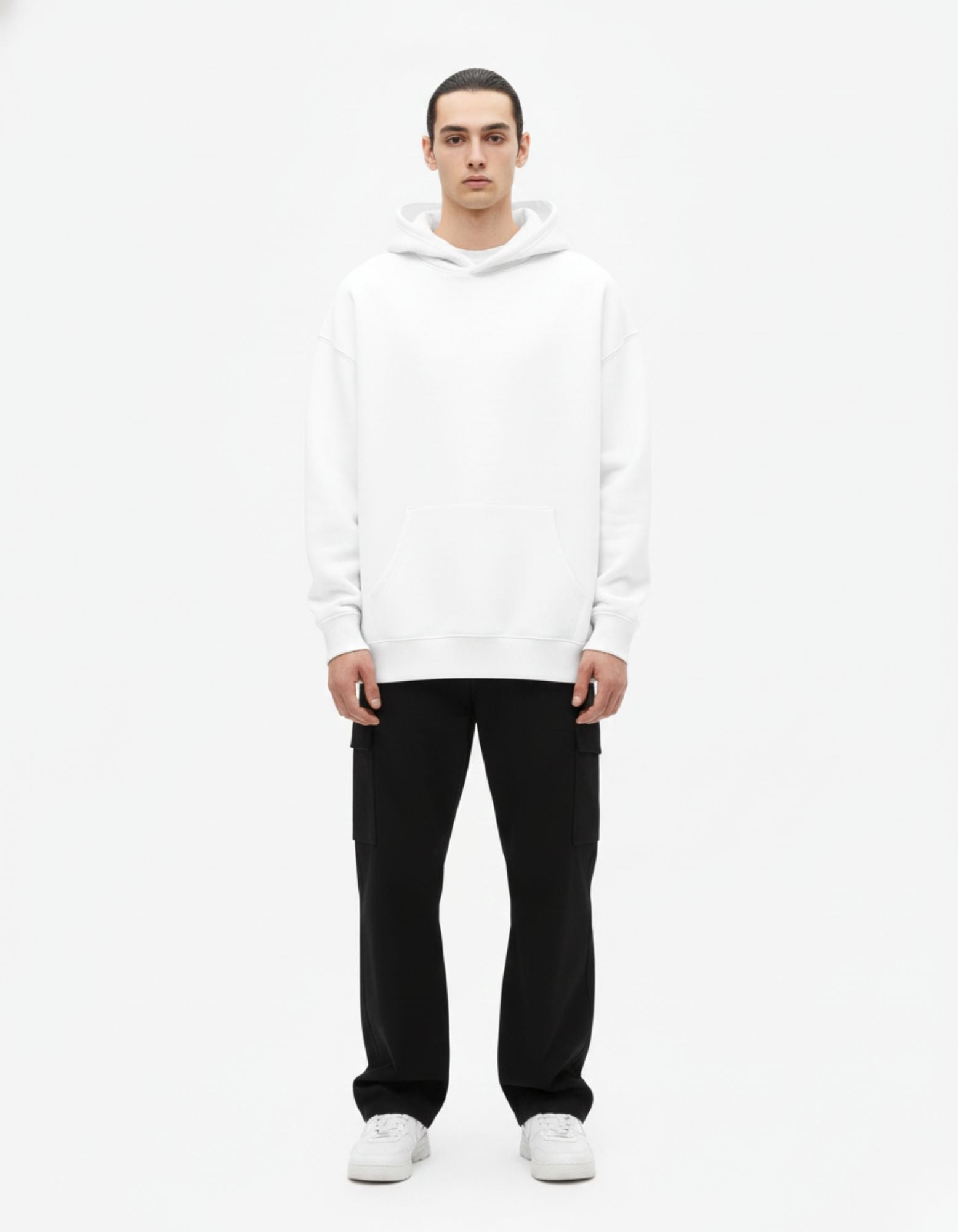Front view of white oversized hoodie with clean minimalist front