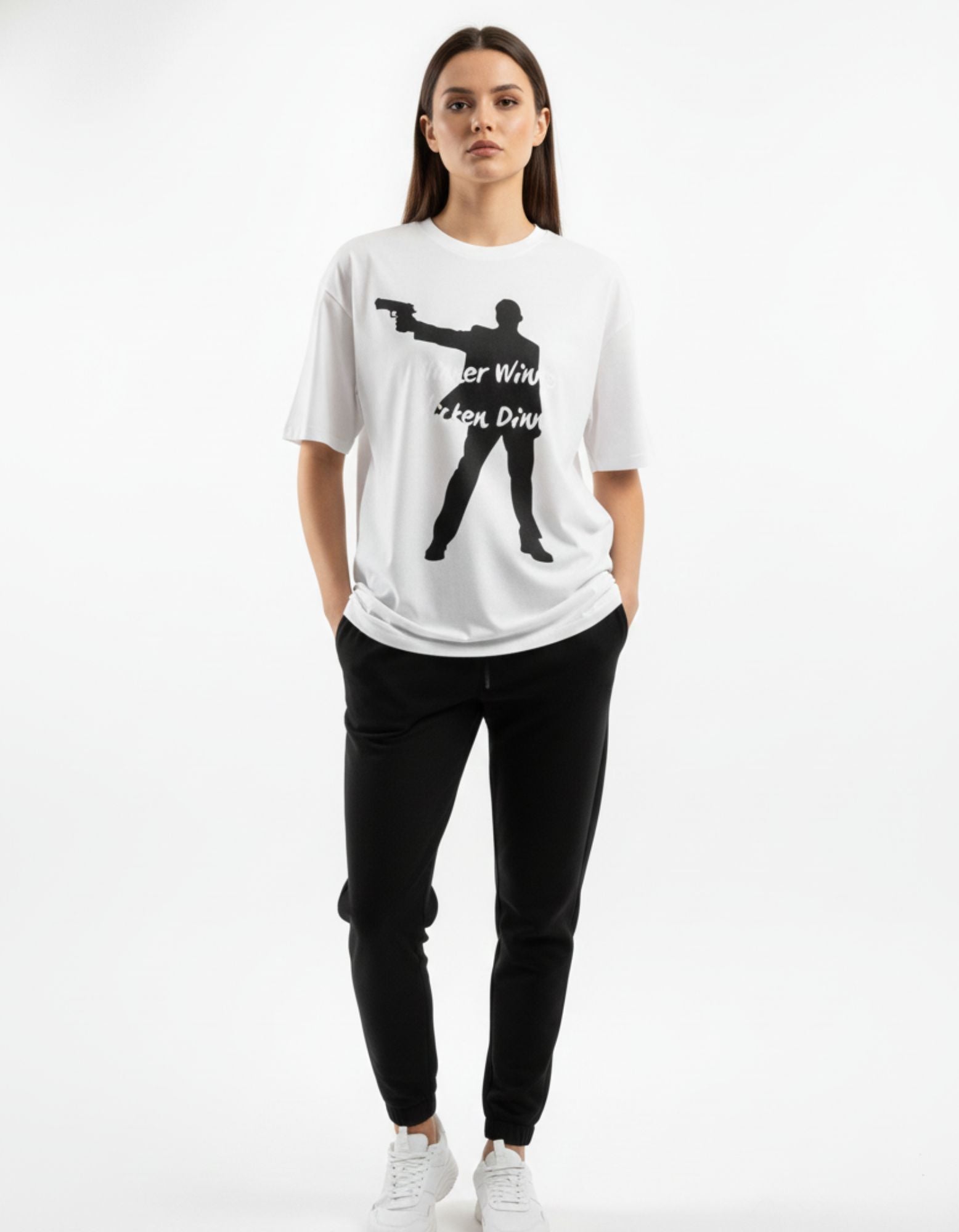 Front view of a woman with hands in pockets wearing a white GENZs Fashion gaming t-shirt, ideal for college streetwear.