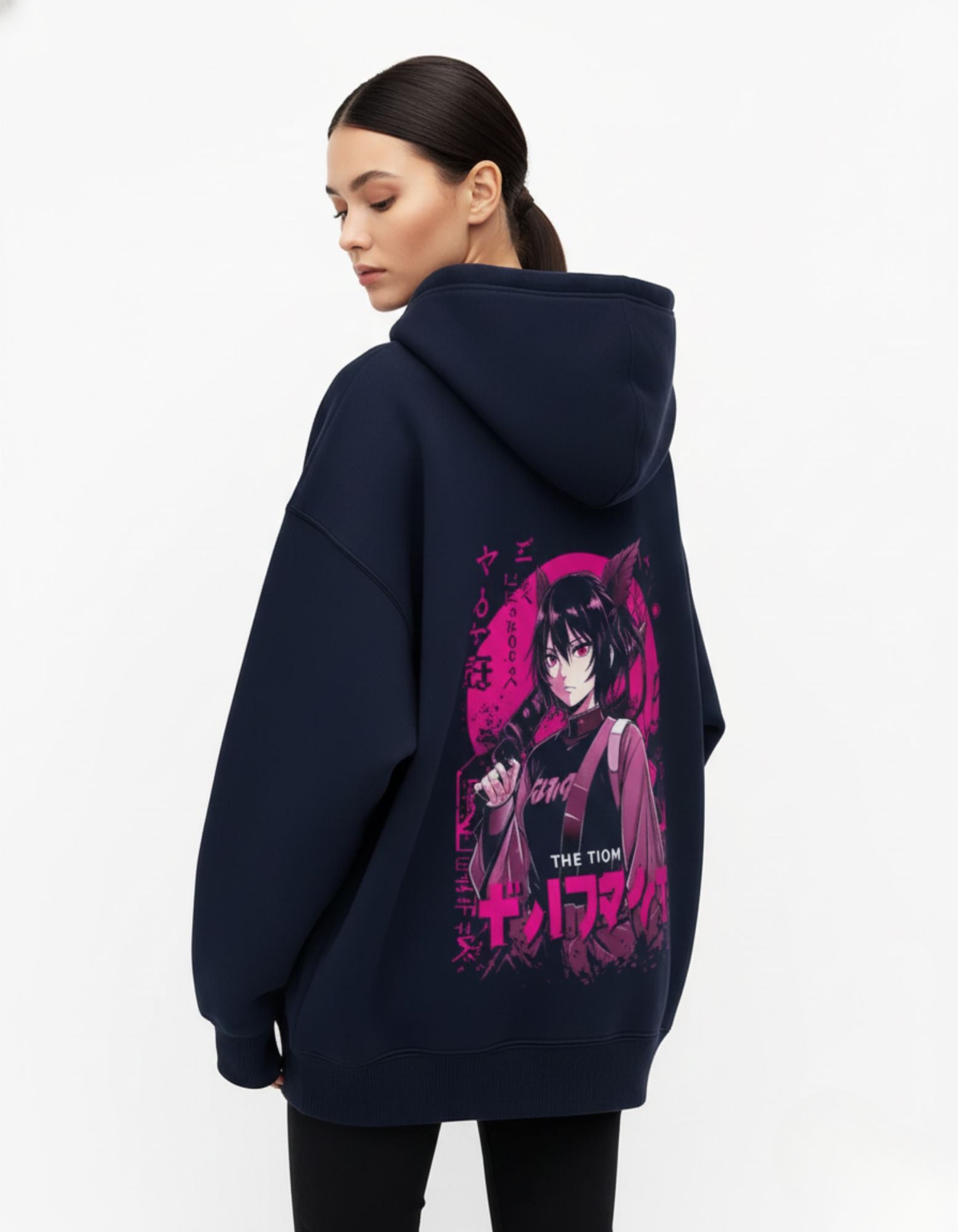 Detailed back view of a navy blue hoodie with a vibrant pink anime girl graphic and Japanese kanji text, perfect for anime fans and streetwear enthusiasts.