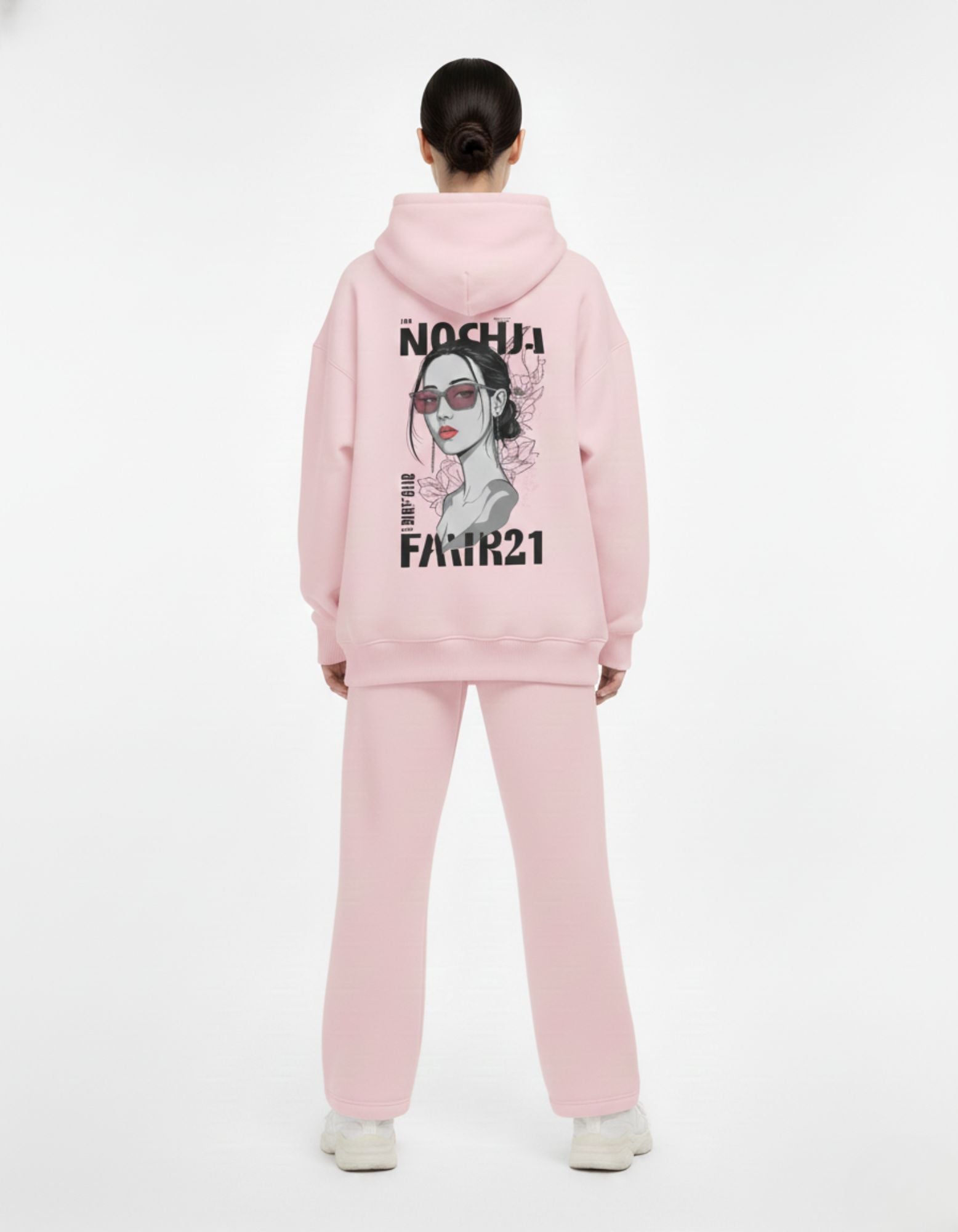 Back view of a pink oversized hoodie featuring a stylized anime-inspired girl graphic with "NOCHJA" and "FAIR21" text.