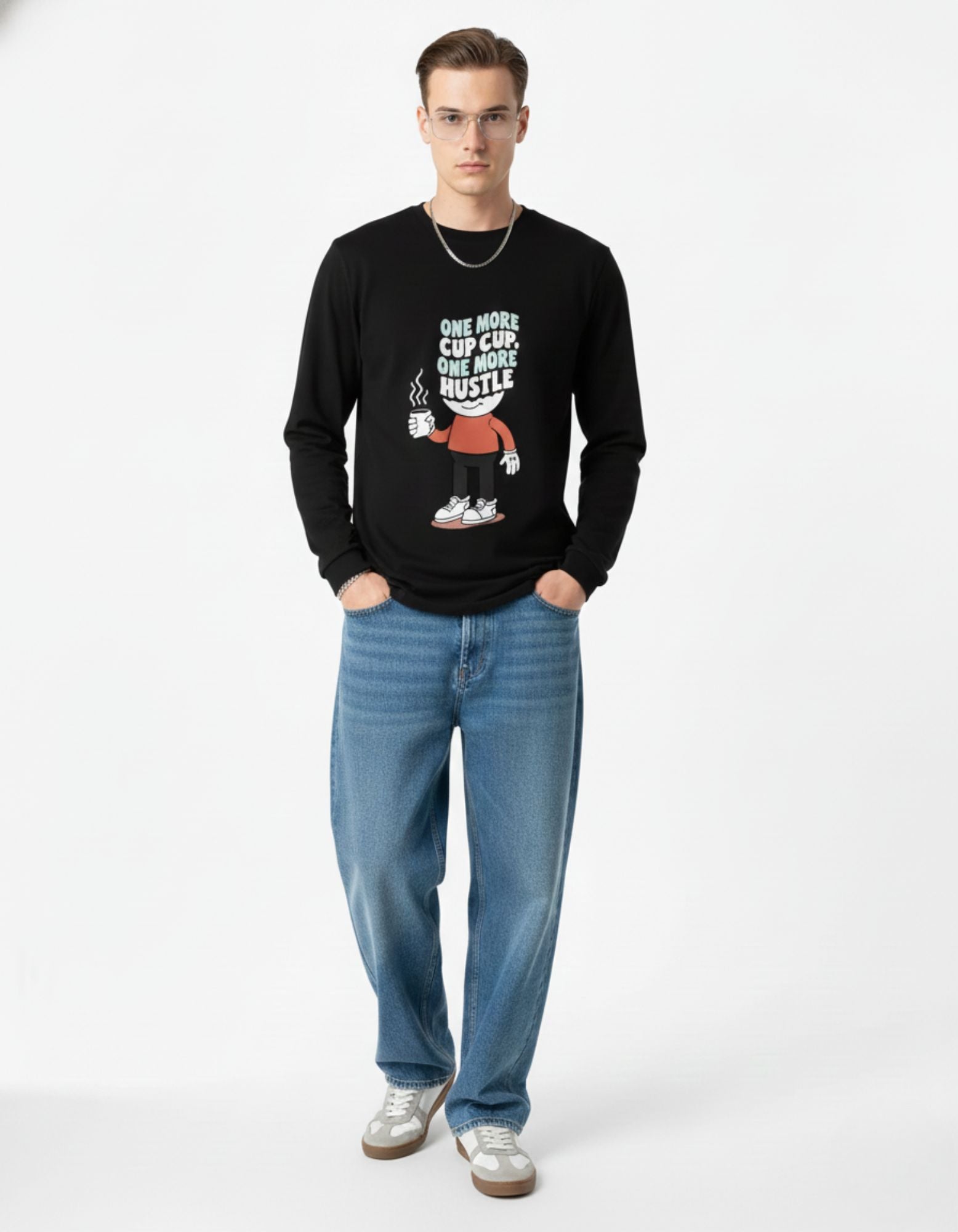 Frontal view of the "One More Cup, One More Hustle" black sweatshirt, a top-selling minimalist graphic piece for Indian Gen Z students and professionals.