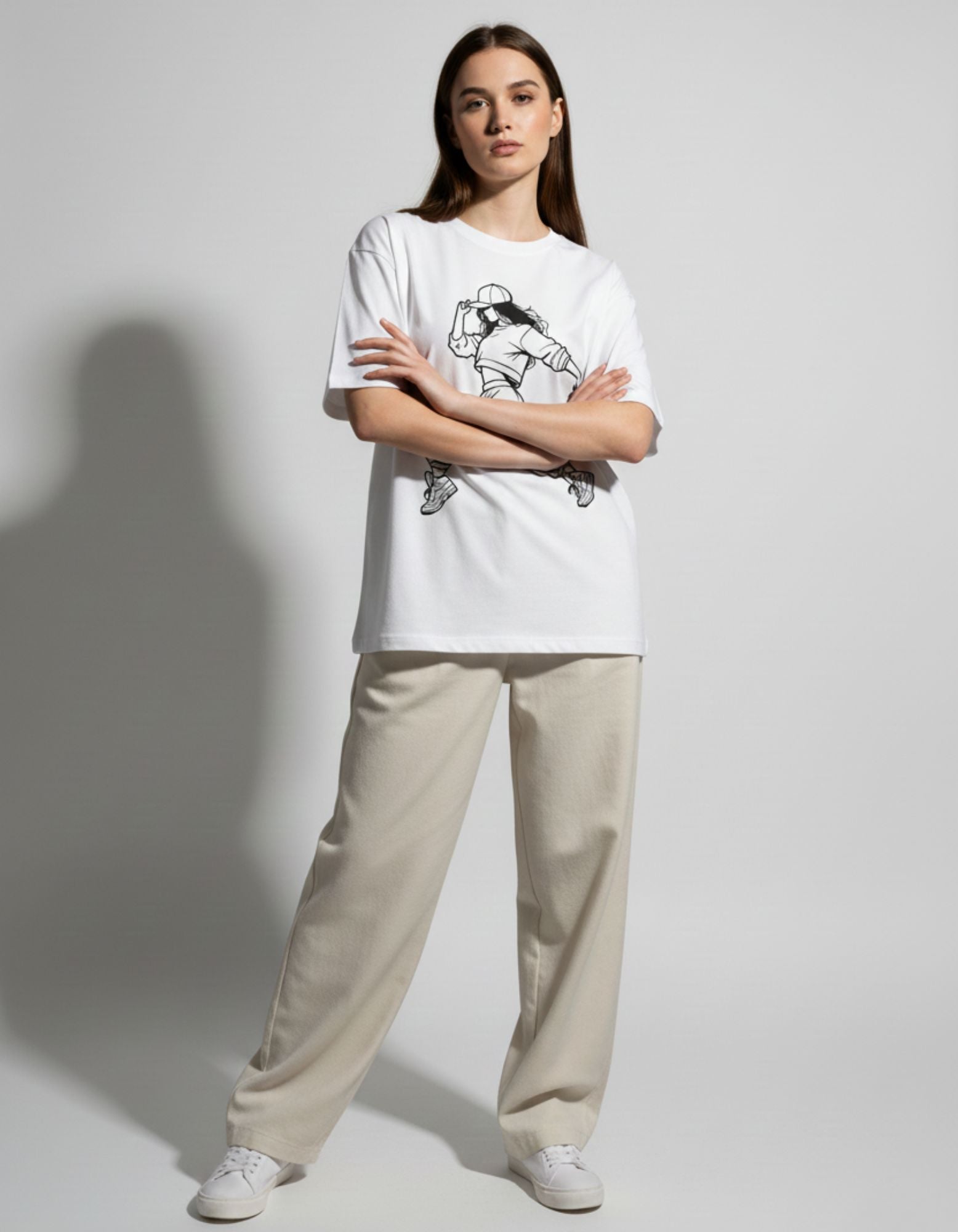 GENZY brand premium white oversized graphic tee featuring a minimalist anime-style streetwear illustration.