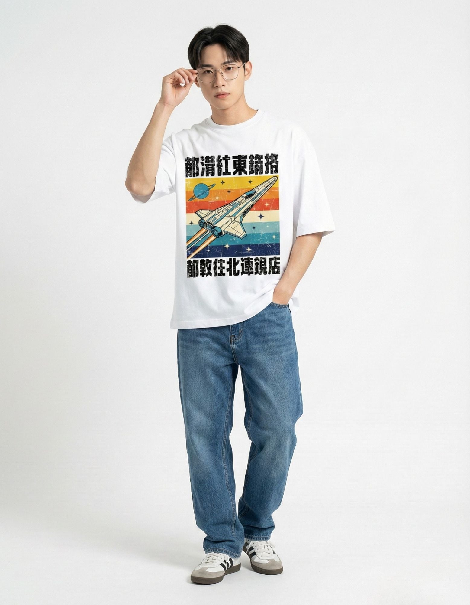 "Male model in white oversized t-shirt with vintage spaceship graphic and retro sunset print, urban streetwear India."