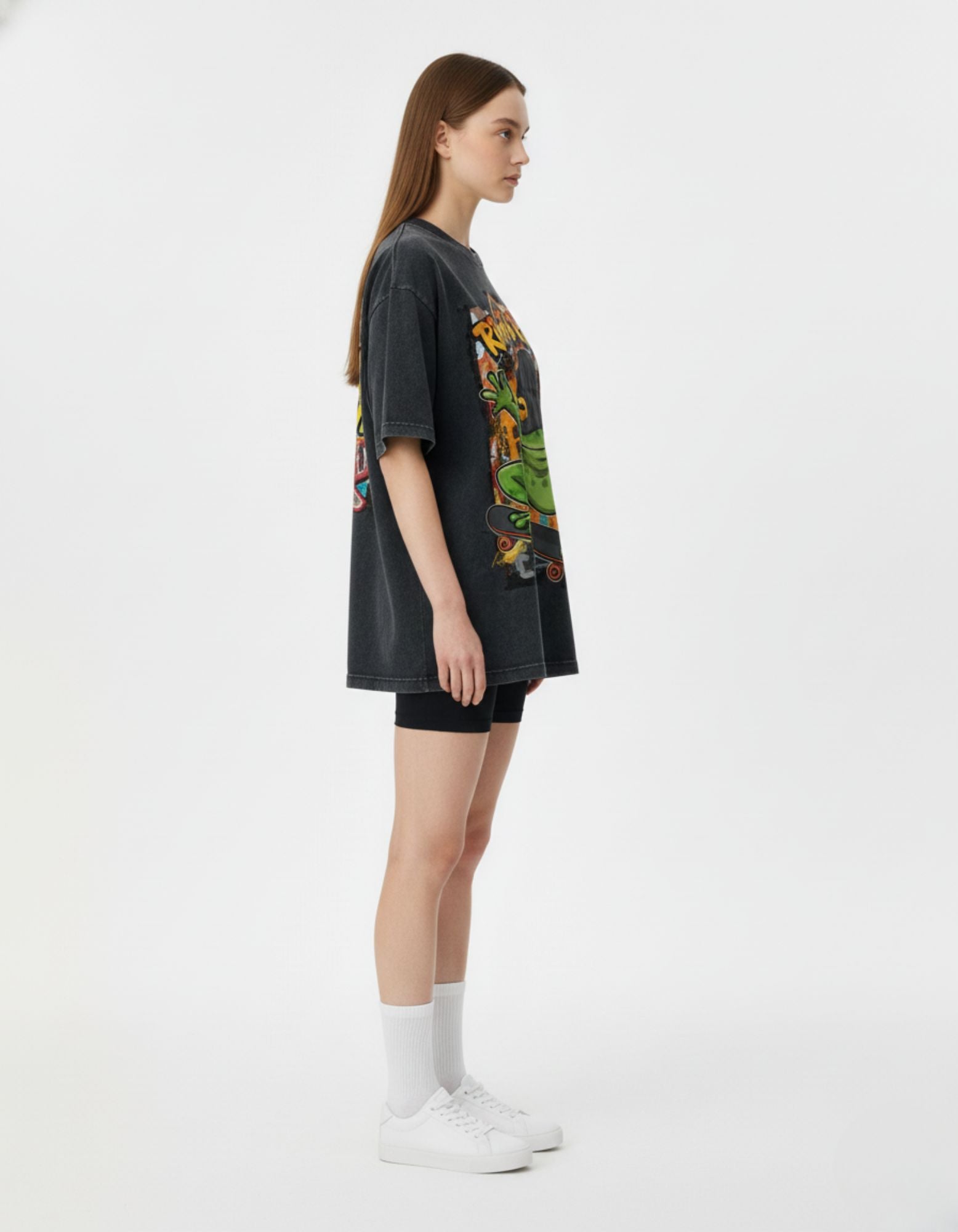 Full view of the unisex Ribit & Rip It streetwear t-shirt in charcoal black, ideal for pairing with oversized streetwear outfits.