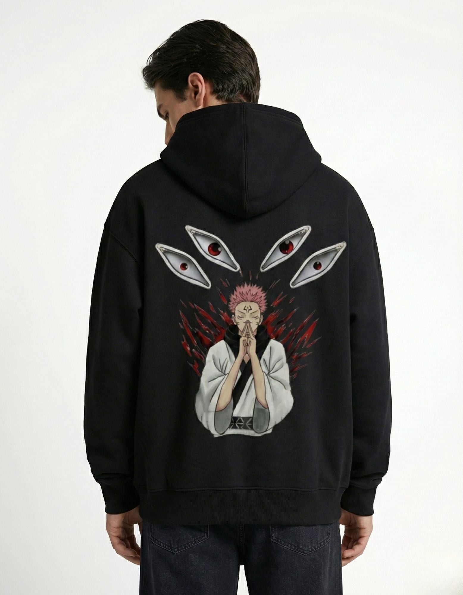 Detailed back view of a high-quality Sukuna cursed spirit graphic print on a black oversized hoodie by GENZs Fashion.