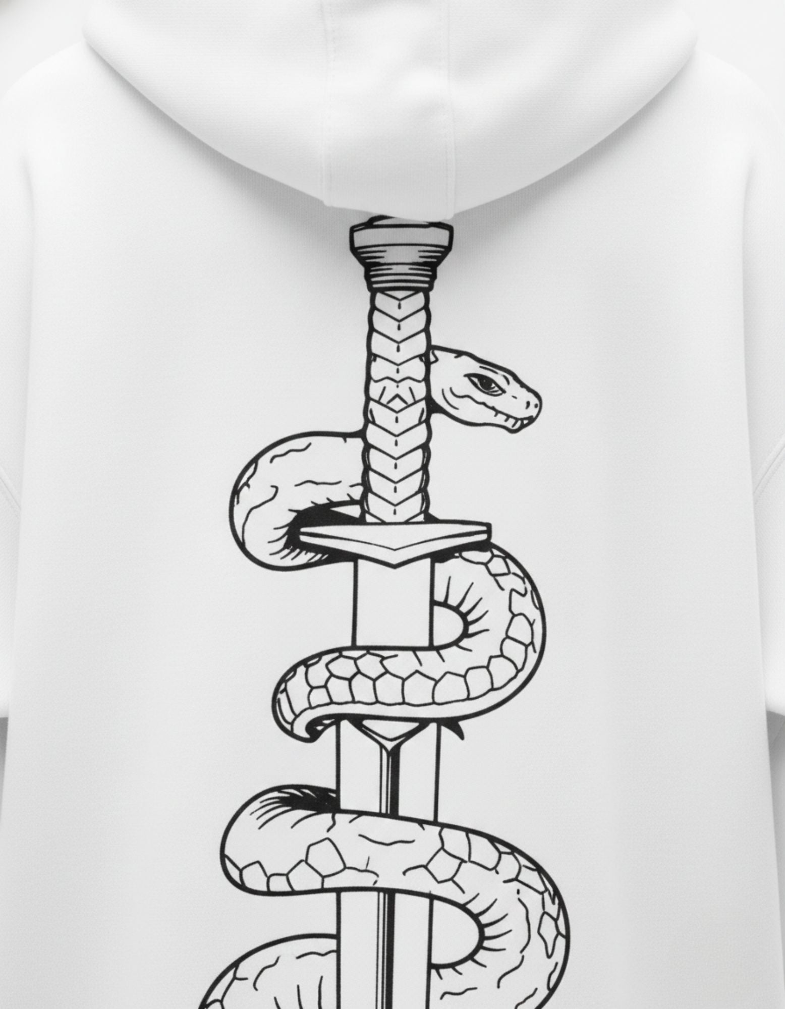 Close-up detail of the premium snake and dagger graphic print on a heavy cotton 400 GSM white hoodie.