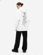 Back view of a white graphic hoodie featuring a detailed black and white snake and dagger illustration from GENZs Fashion.
