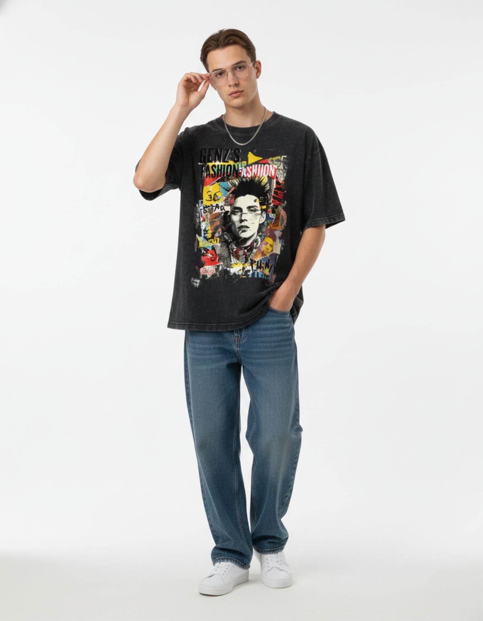 Lifestyle shot of a man styled in a GENZs Fashion charcoal graphic tee, baggy jeans, and white sneakers for a classic streetwear look.