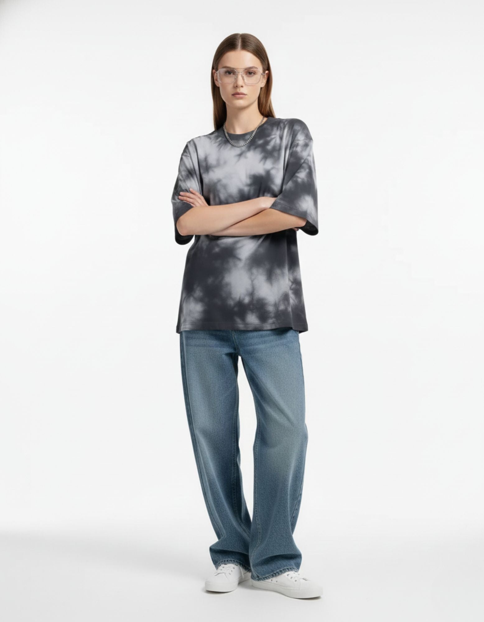 "Front view of unisex gray and black tie-dye baggy tee, high-quality fabric for Indian streetwear market."