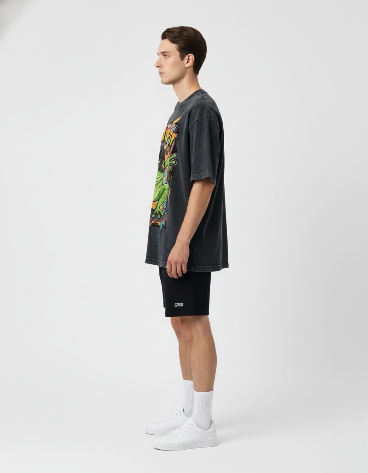 Side profile of the unisex vintage black oversized streetwear t-shirt from GENZs Fashion, showcasing the thick collar and boxy fit.