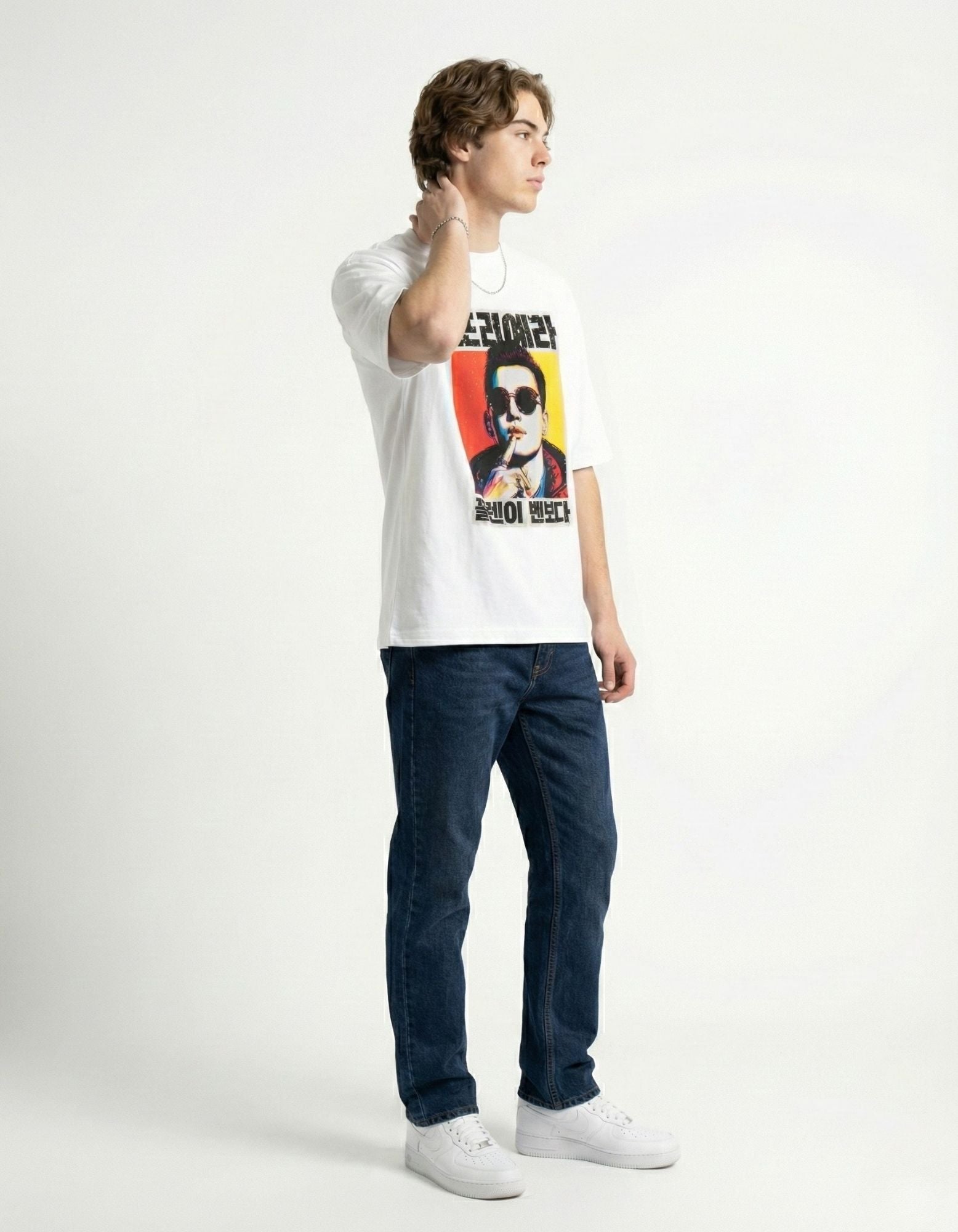 "Urban style white oversized graphic t-shirt for men, high-quality print for Indian streetwear fashion."