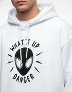 Close-up of the "What's Up Danger" spider logo print on a premium white heavyweight cotton hoodie.