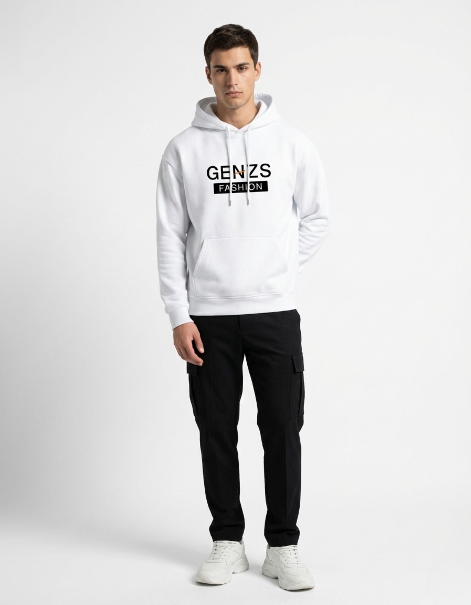 Male model wearing a GENZs Fashion white logo hoodie and black cargo pants, ideal for a clean Gen Z streetwear look.