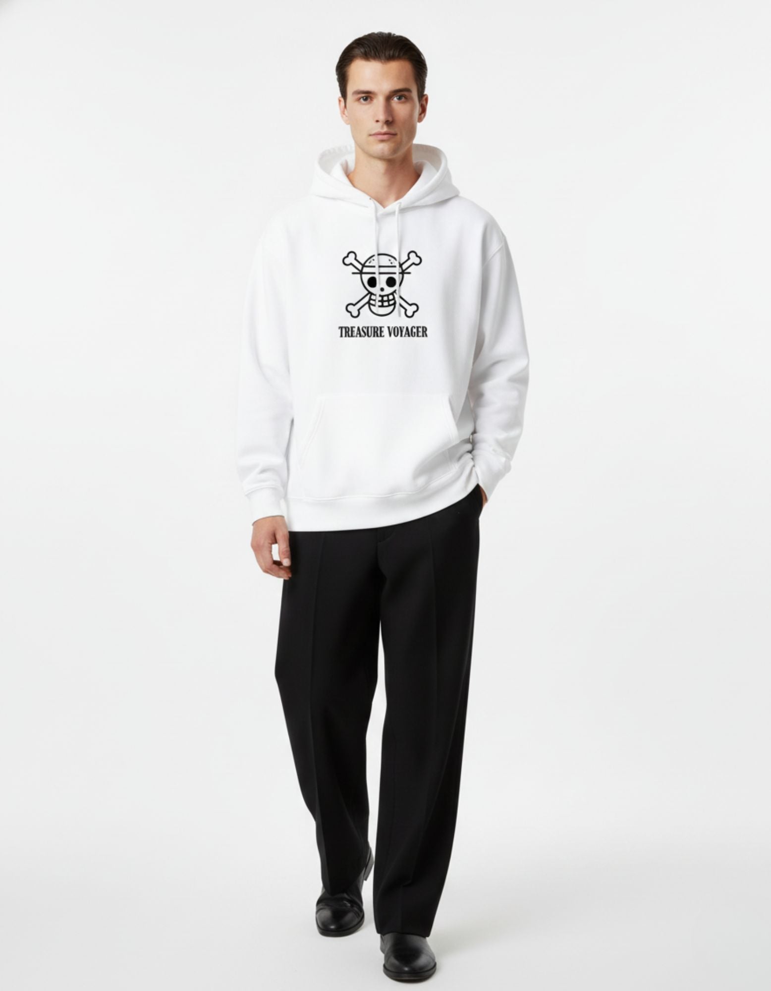 Front view of a man wearing a premium white heavyweight hoodie featuring the "Treasure Voyager" anime-inspired chest print.