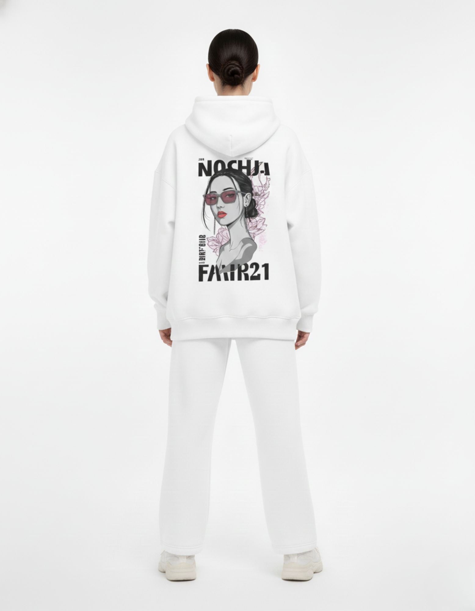 Back view of a white oversized hoodie with a bold "NOCHJA FAIR21" graphic print of a girl in sunglasses.