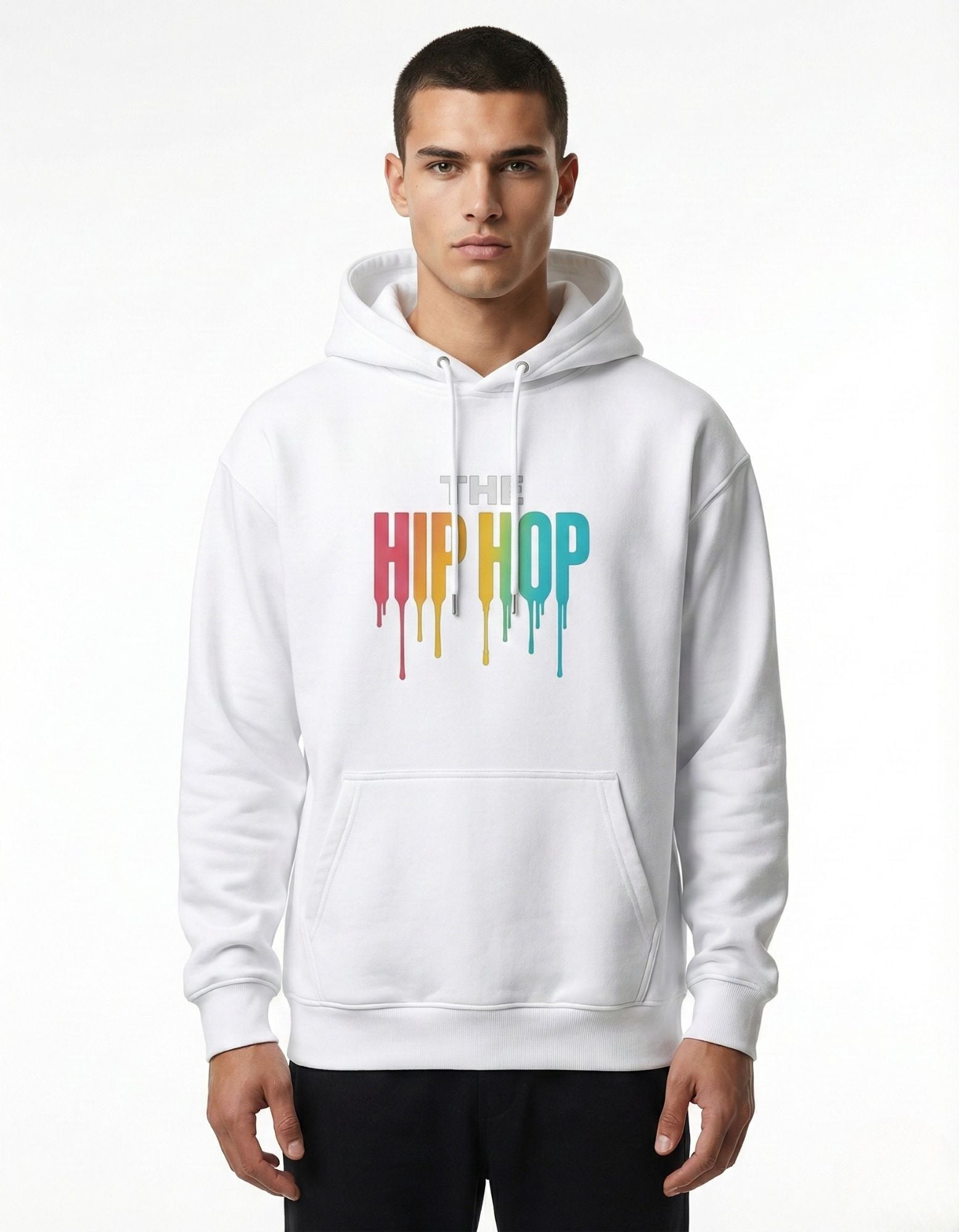 Men’s streetwear style: A premium white hoodie featuring a colorful "THE HIP HOP" rainbow drip logo graphic.
