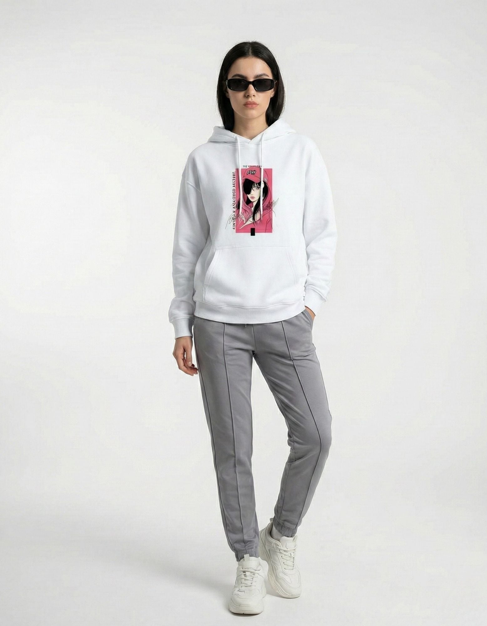 Front fashion pose of white oversized hoodie with printed anime artwork
