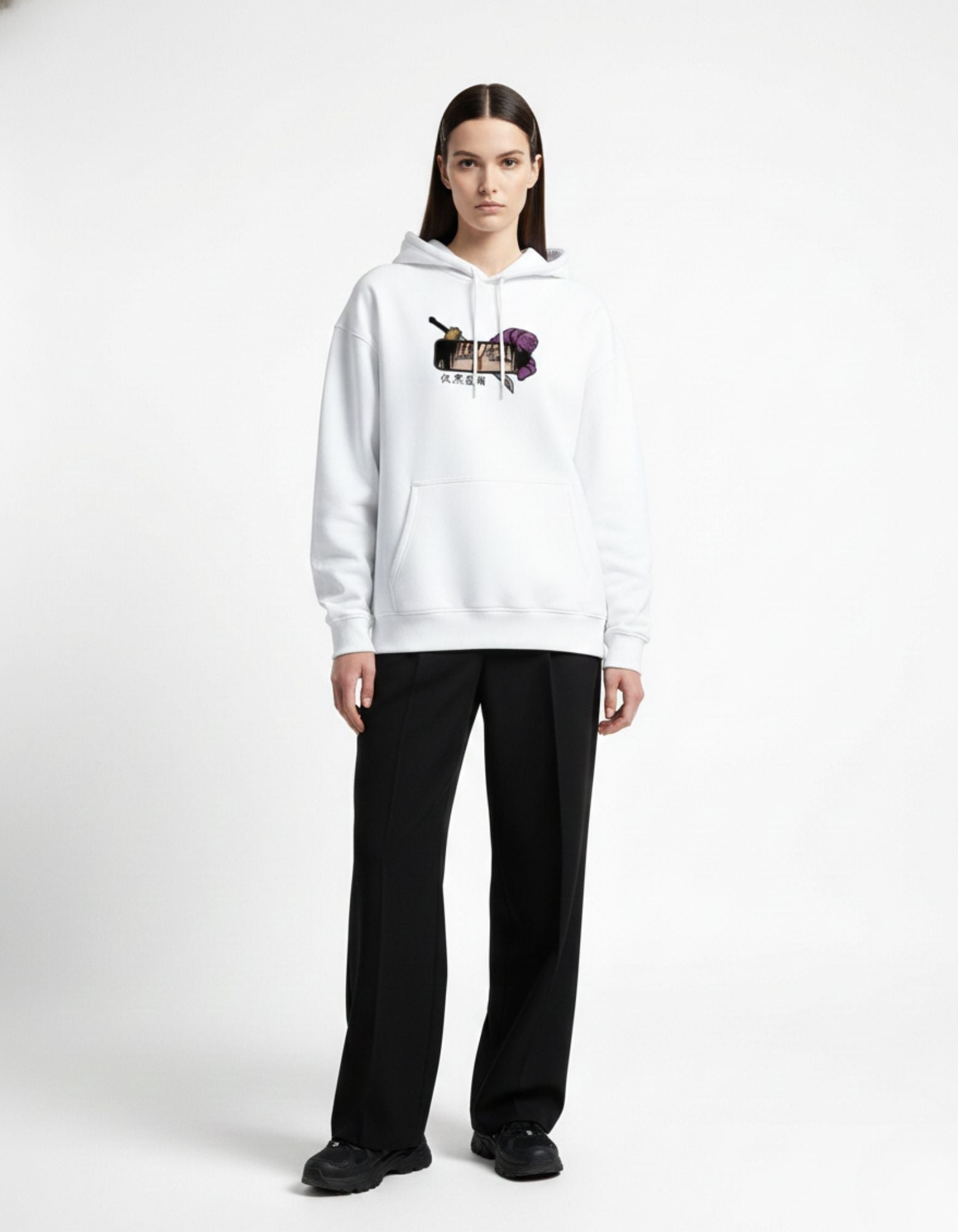 Front view of white oversized hoodie with minimal anime chest graphic
