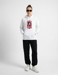 Front full view of white oversized hoodie with graphic print design
