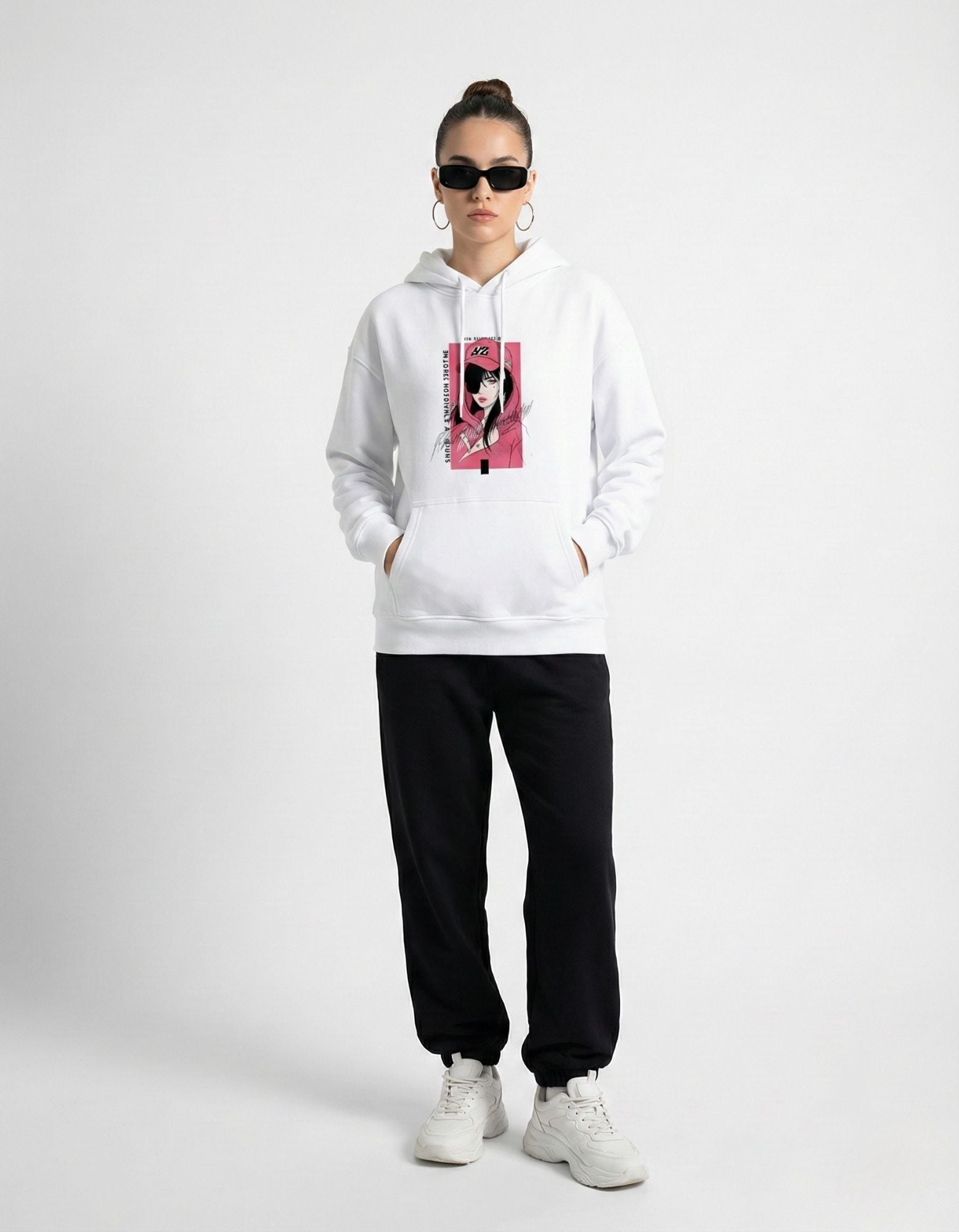 Front full view of white oversized hoodie with graphic print design

