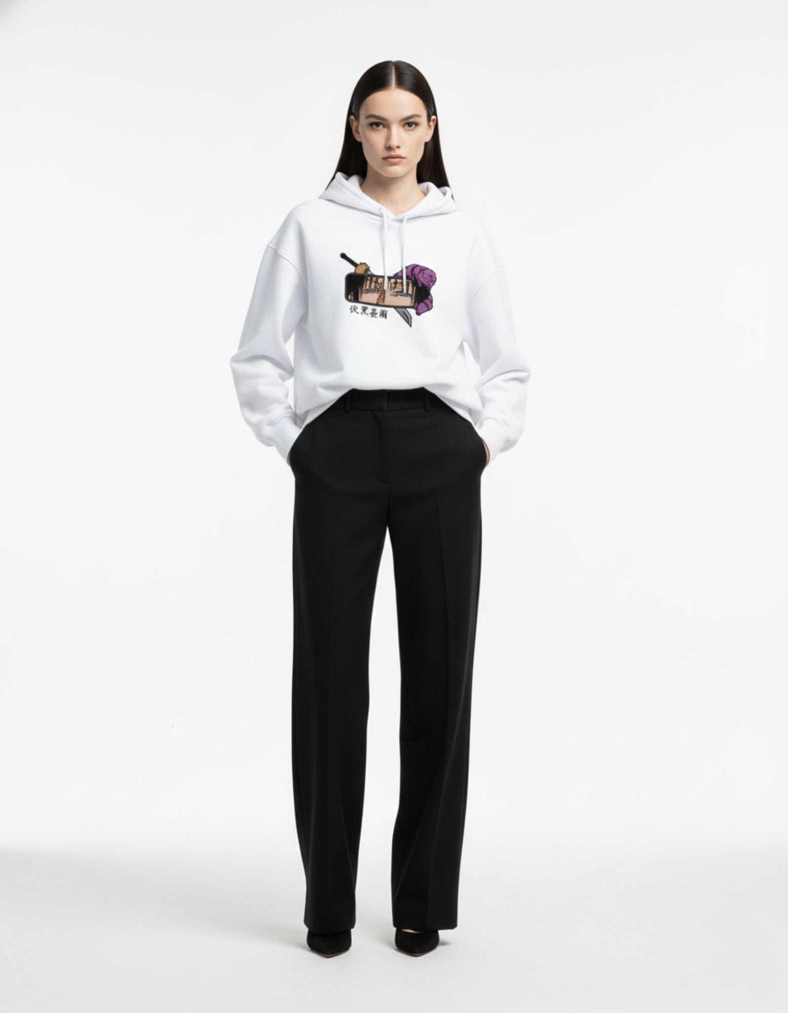 Straight front view of white oversized hoodie showing relaxed oversized fit
