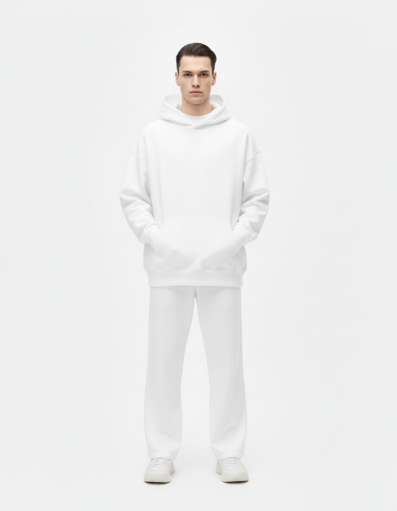 White oversized streetwear hoodie for men by GENZs Fashion, premium cotton front view.