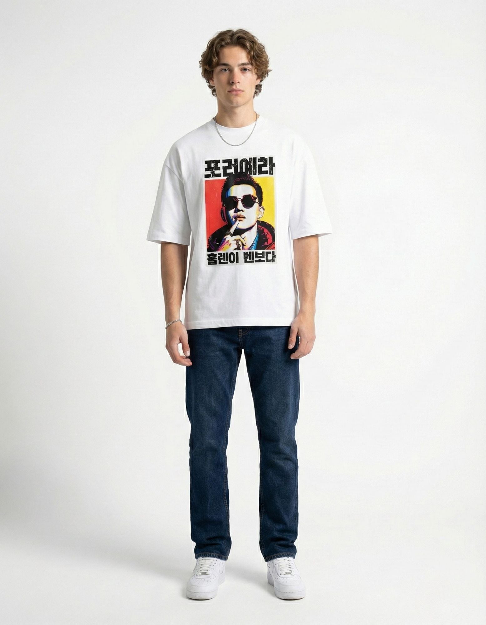 "Front view of premium white oversized t-shirt for men with Korean pop art graphic, urban streetwear India."