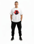 Front view of men's white oversized t-shirt with red sun samurai graphic print, high-quality streetwear available in India.