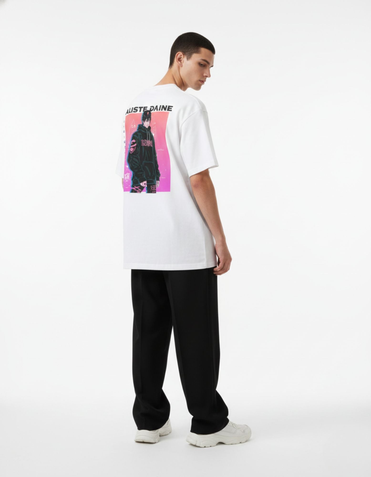 Perspective view of a white aesthetic anime streetwear shirt for men, perfect for Y2K and Gen Z fashion styles.