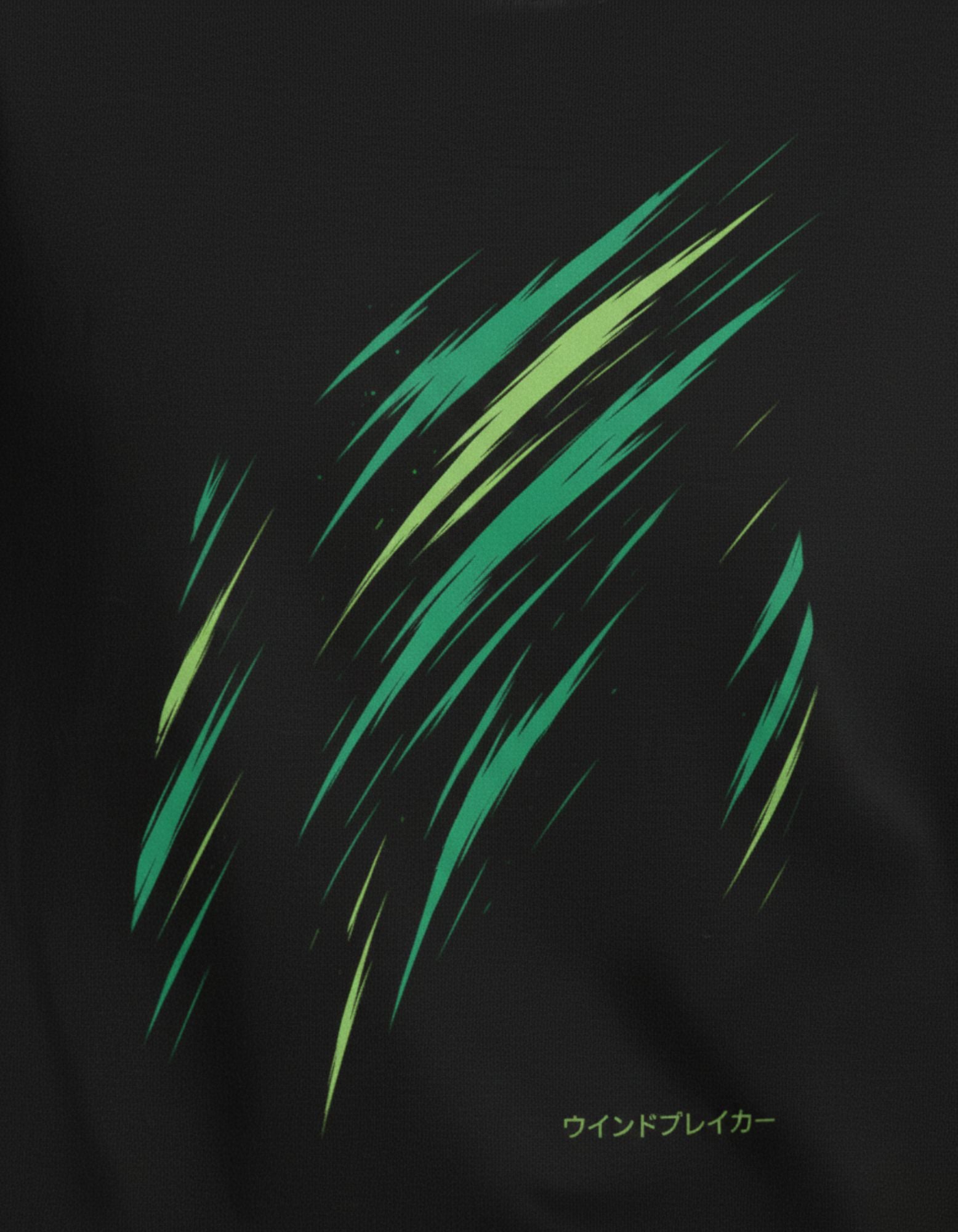 Detailed close-up of the Wind Breaker anime green and yellow brushstroke graphic with Japanese katakana text on a black t-shirt.