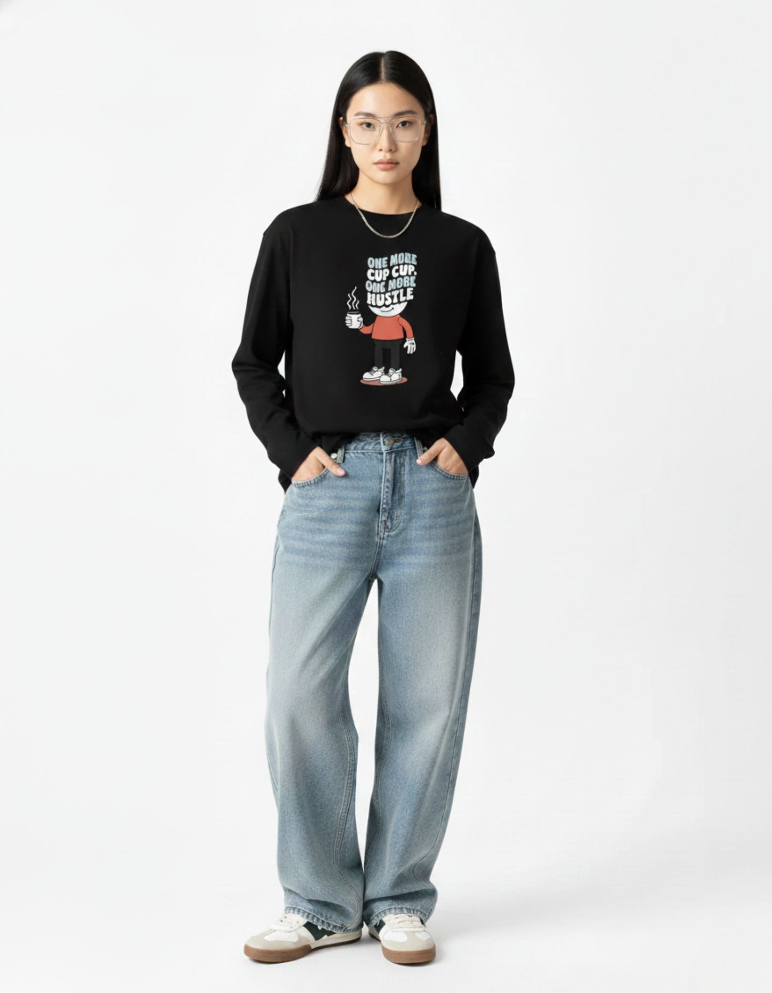 Indian female model in a GENZs Fashion baggy-fit black hustle sweatshirt, styled with wide-leg jeans for a trending 2025 "commutercore" look.