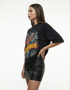 Woman posing in a GENZs Fashion black graphic tee with a zombie print, showcasing a complete grunge-inspired aesthetic look for the Indian market.