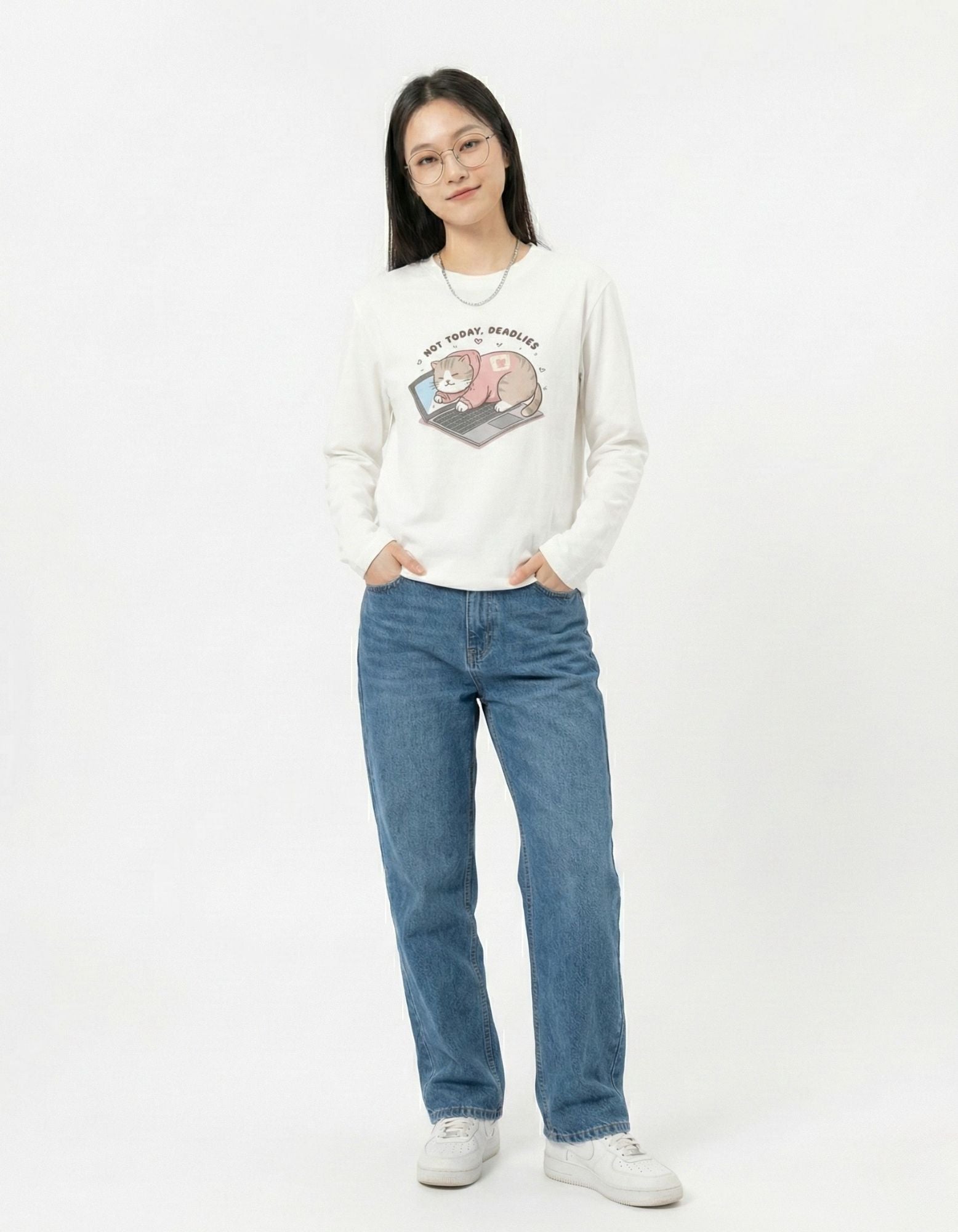 Indian female model wearing a GENZs Fashion white "Not Today" cat graphic long-sleeve top, a trending aesthetic choice for college outfits.