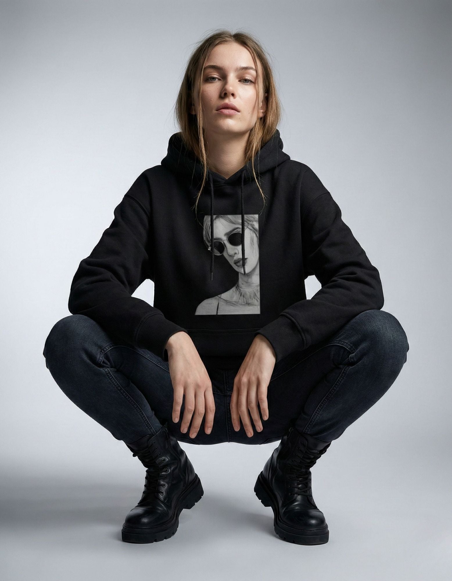 Female model squatting in a GENZs Fashion black hoodie featuring a grayscale portrait graphic print.