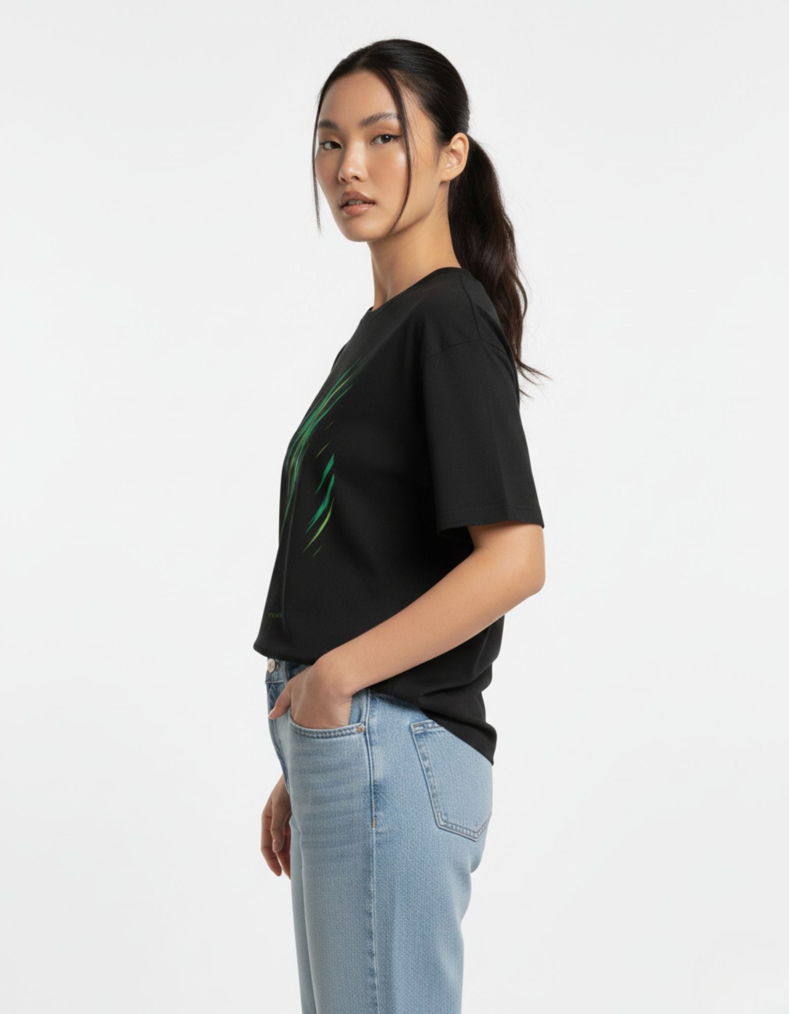 Front portrait of the Wind Breaker anime apparel black t-shirt, showcasing the vibrant green graphic print.