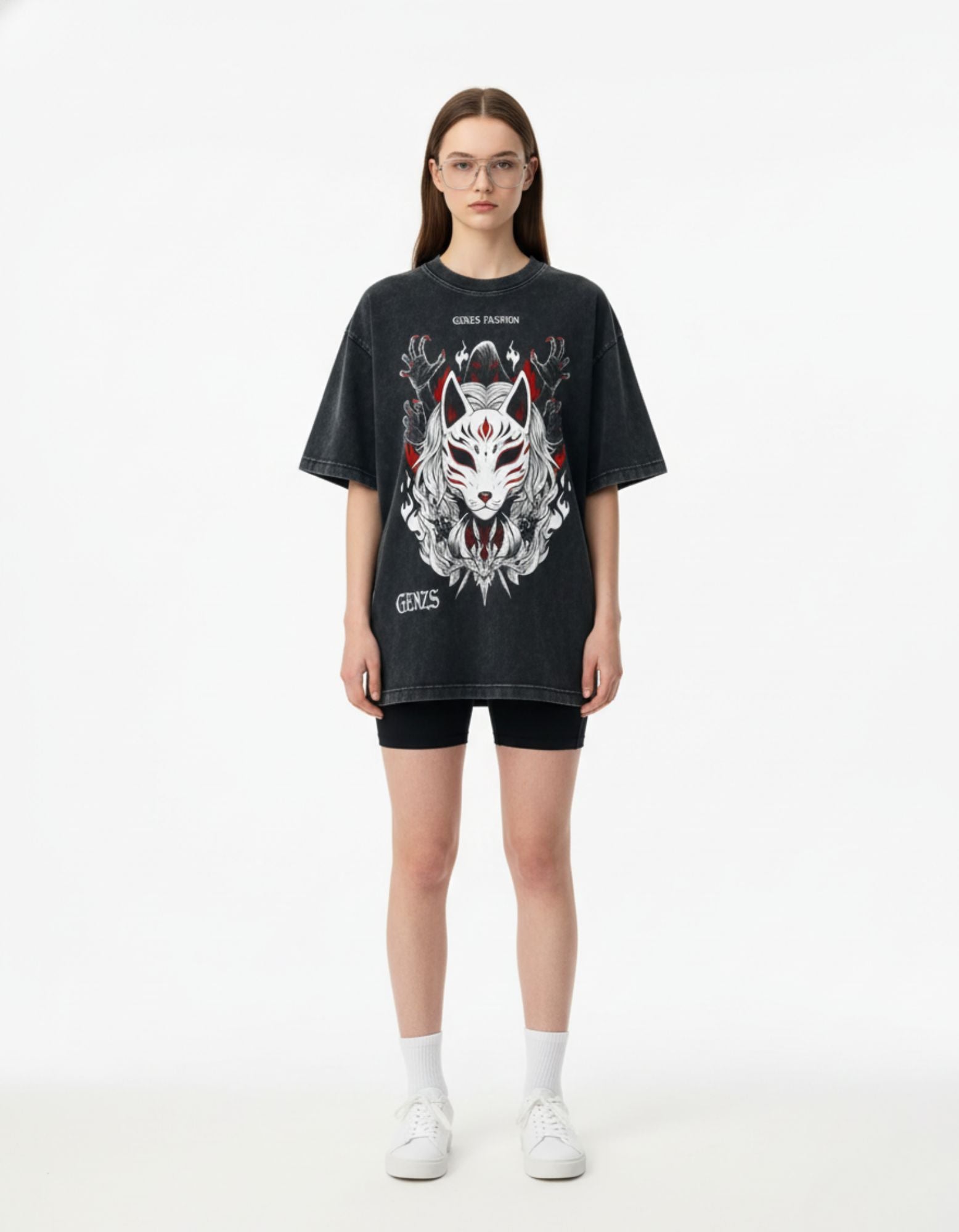 Shop the GENZs Fashion womens oversized vintage black tee featuring a detailed Japanese Kitsune mask design.