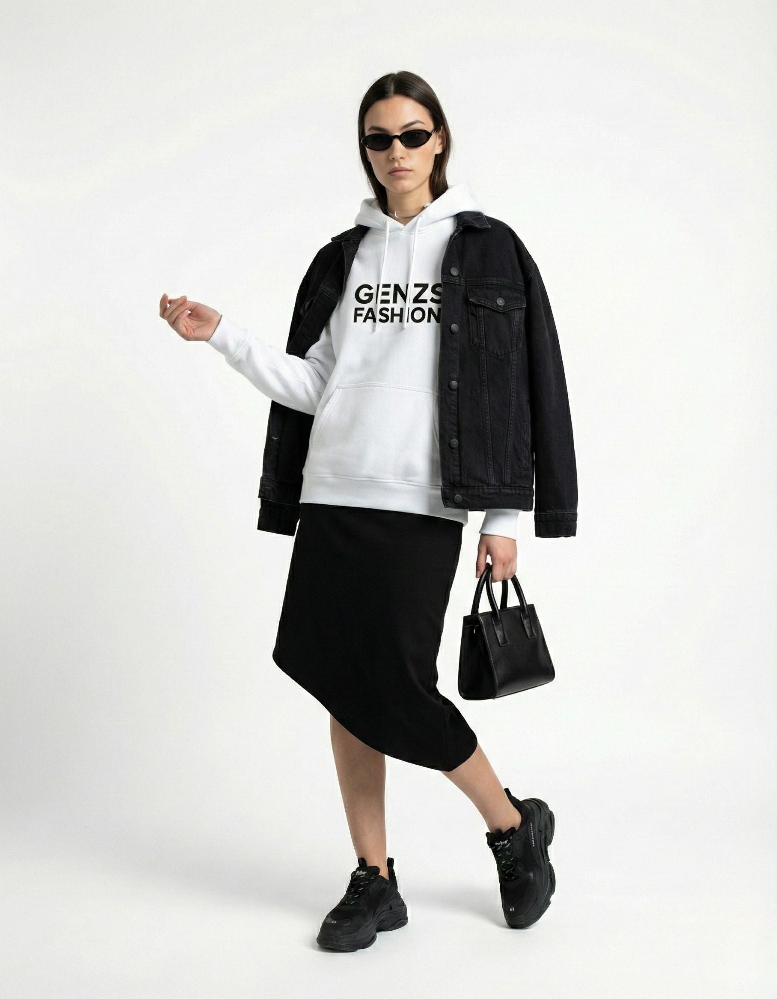 Front view of a male model in a GENZs FASHION white graphic hoodie with a clean streetwear aesthetic.