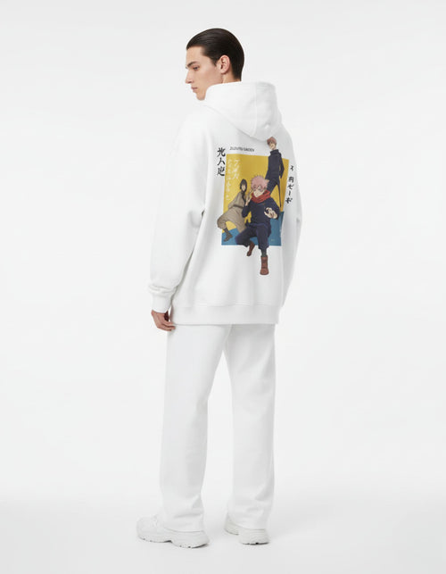 Detailed back view of a male model wearing a GENZs Fashion white hoodie with a colorful Jujutsu Kaisen character trio graphic print.